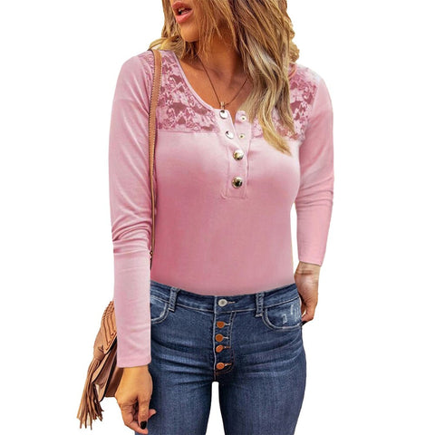 Sonicelife Woman Solid Lace Patchwork Tops Elegant Buttons Round Neck Long Sleeve T Shirts Ladies Office Lady Autumn Casual Female Tops