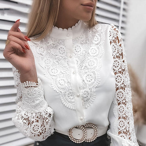Sonicelife Women  Lace Patchwork Hollow Out T-Shirt Long Sleeve Crew Neck Button Mesh Design Tops Spring Fashion White Vintage T Shirts
