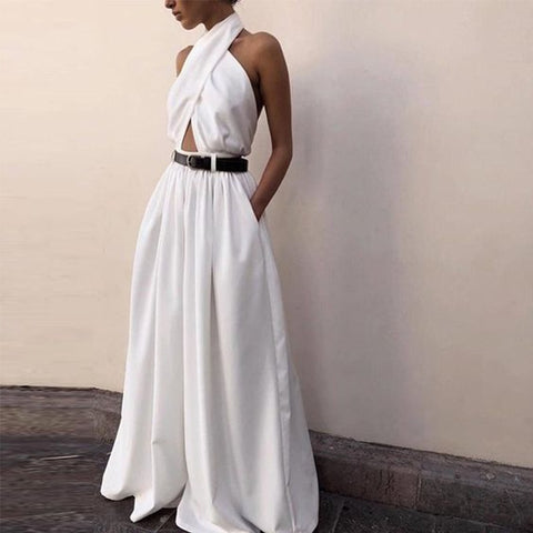 Sonicelife  Halter Wide Leg  Bodycon Summer Jumpsuit Women Overalls  Backless White Skinny Rompers Womens Jumpsuit Female Long Pants