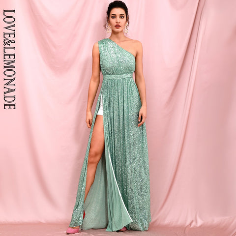 LOVE&LEMONADE  light green strapless a-line elastic sequins whit split maxi dress long dress LM82406