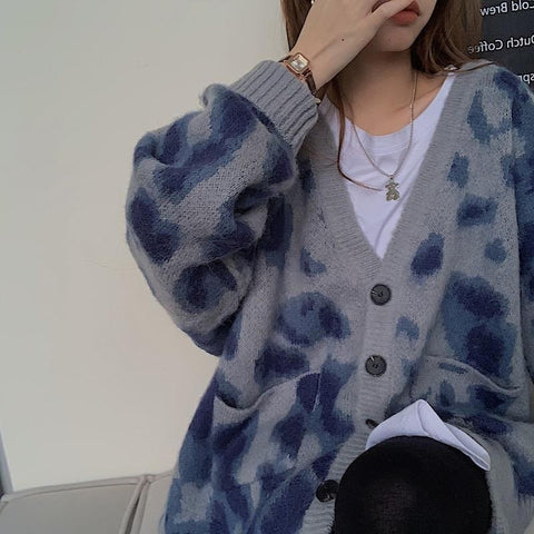 Sonicelife  Korean Style Leopard Print Knitted Cardigan Sweater Women Harajuku V-Neck Long Sleeve Oversize Jumper Pullover Female