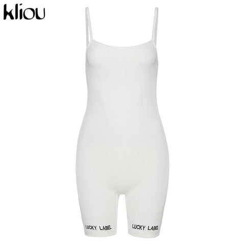 Sonicelife Kliou suspenders rompers women summer playsuit slash neck Letters Embroidery elastic streetwear ribbed sleeveless slim