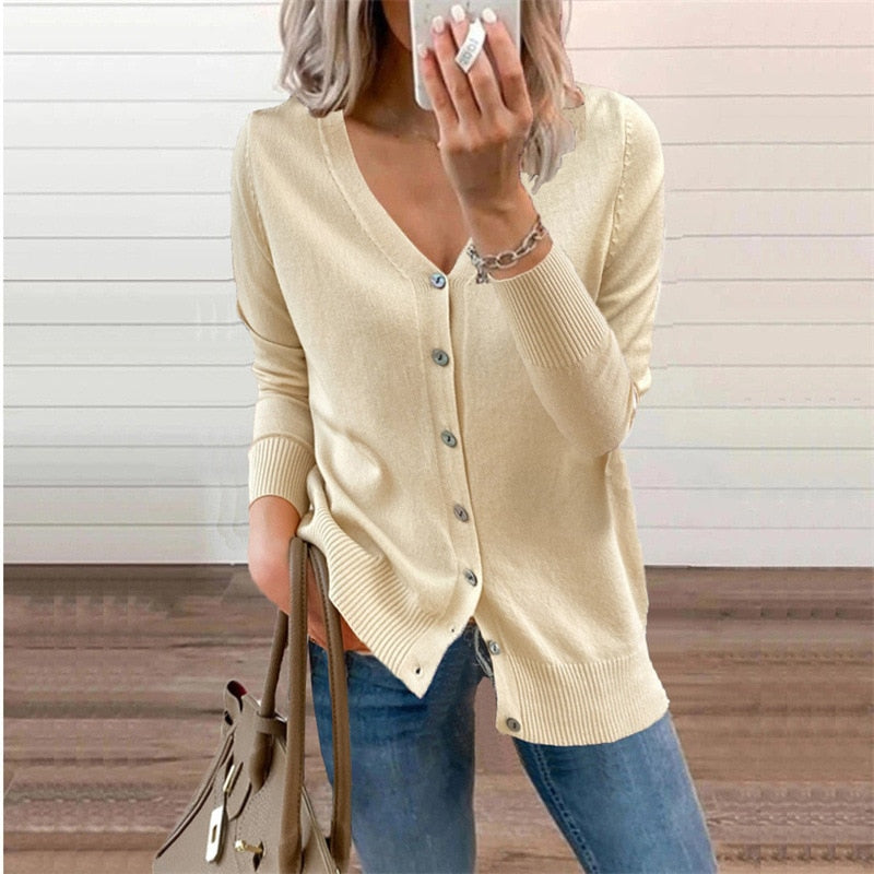 Sonicelife  Women Knitted Sweaters Button Cardigan Coats 2024 Spring Autumn V Neck Long Sleeves Single Breasted Solid Casual Sweater