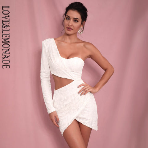 LOVE&LEMONADE  White Cut Out Single Sleeve Glitter Glue Bead Material Bodycon Party Dress LM81650