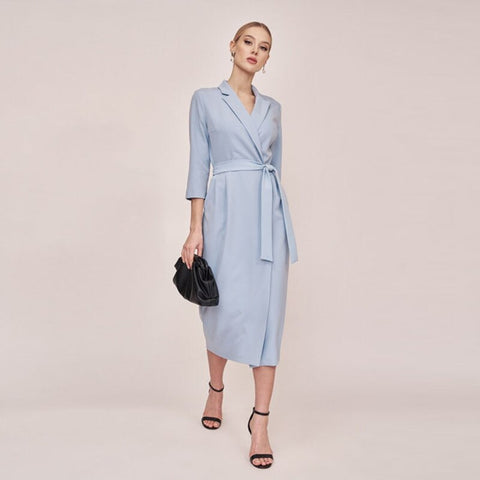 Sonicelife Churses Casual Suit Collar Belt Straight Dress Autumn Seven Sleeve Solid Color Home Wear Office Lady Dresses For Women 2024