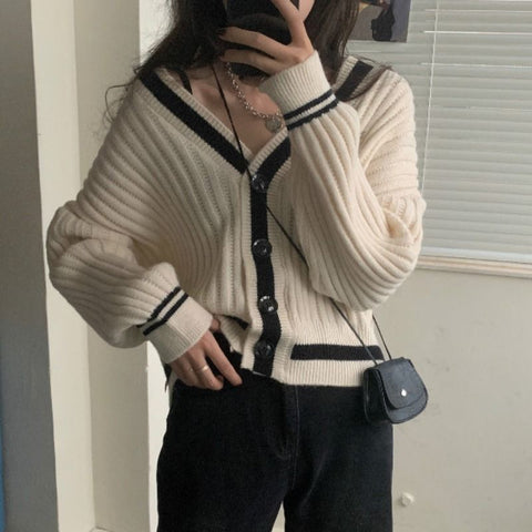 Sonicelife  Korean Style Striped Beige Oversize Sweater Cardigan Women Harajuku Grey Button Basics Solid  Jumper Female Black Tops