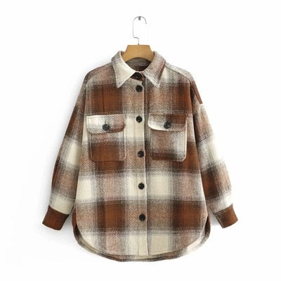 Autumn Winter Plaid Jacket Wool Blend Coat Fashion button Long Sleeve Coat Casual Office Warm Overshirt Ladies Jackets Chic Tops