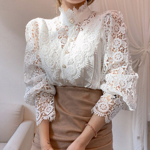 Stand Collar All-match Femme Blusas Petal Sleeve Women Blouse Chic Button Hollow Out Flower Lace Patchwork Shirt White Top 12419