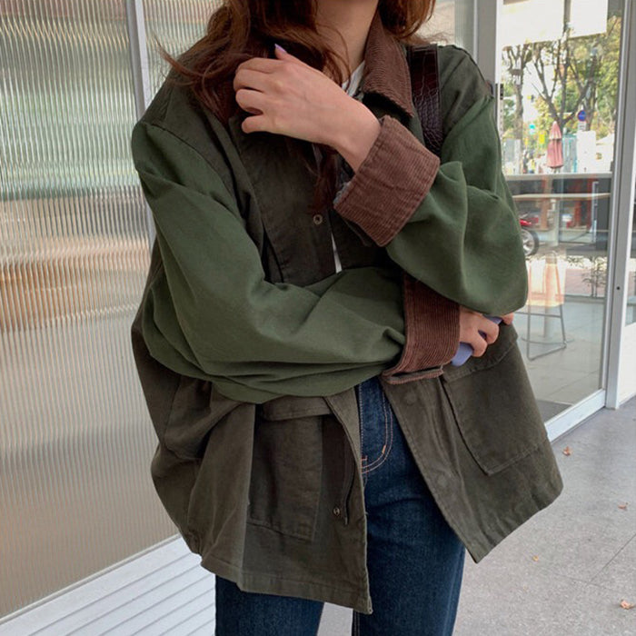Sonicelife Korean Thick Autumn Vintage Lapel Casual Style Loose Full Lantern Sleeve Coats and Jackets Women Army Green Streetwear