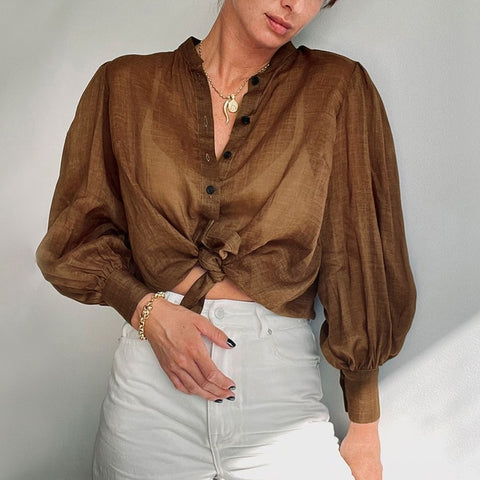 Elegant Vintage V-Neck 100% Cotton Blouse Shirts Women Puff Sleeve Button Solid Blouse Spring Lady Office Loose Tops Blusa