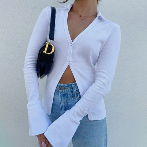 Weekeep White Ribbed T-Shirts Women Flared Long Sleeve V Neck Button Up Cardigan Summer Harajuku Casual Solid Outfits Basic