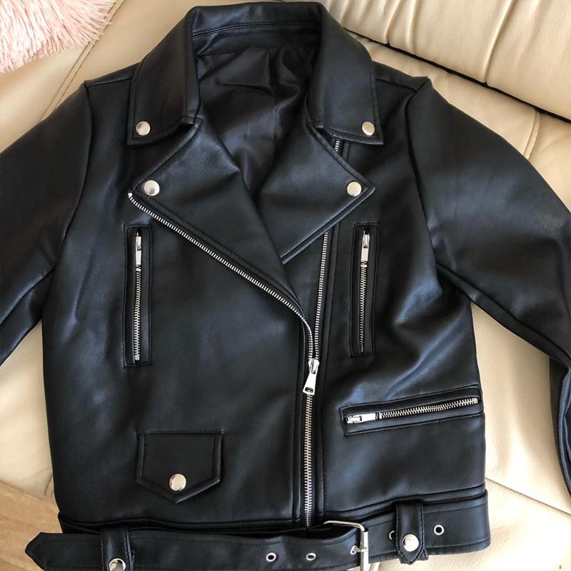 Sonicelife New Women Spring Autumn Black Faux Leather Jackets Zipper Basic Coat Turn-down Collar Motor Biker Jacket With Belt
