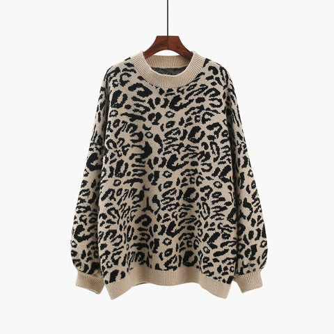Autumn Leopard Sweater Woman Pullover Korean Loose Casual O-Neck Knitted Sweaters Jumper Khaki Fashion Women Sweaters 2023