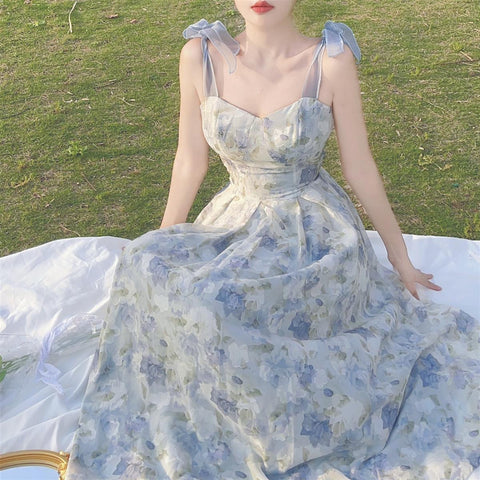 Sonicelife  Elegant Long Flower Strap Dress Women Vintage Sweet Print Korean Slip Fairy Dress Casual Calssy Party Princess Dress Spring