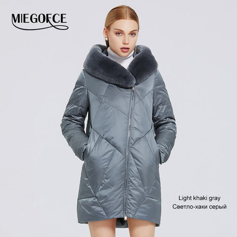 MIEGOFCE 2023 Winter New Women's Cotton Coat With Stylish Fur Collar Rex Rabbit Long Jacket Winter Women Parkas Windproof Jacket