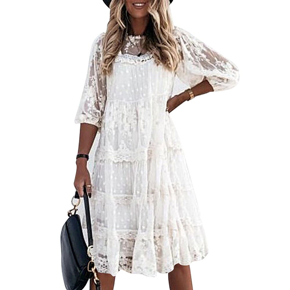 Sonicelife hoco dresses-Summer  V-neck Lace Party Dress Women Elegant Mesh Patchwork Three Quarter Sleeve Dress Spring Ruffle Mini Dress Vestido D30