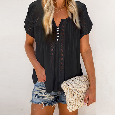 Sonicelife Women Hollow Out Short Sleeve Blouse Elegant V-Neck Loose Solid Casual Blouses Tops Female Office Ladies Pullover Clothes D30