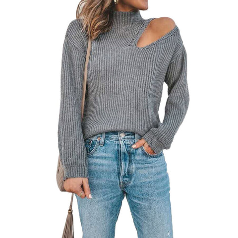 Sonnicelife Women Autumn Half High Collar Solid Pullover Elegant Long Sleeve Dropped Shoulder Sleeve Office Lady Hollow Chic Knit Sweater