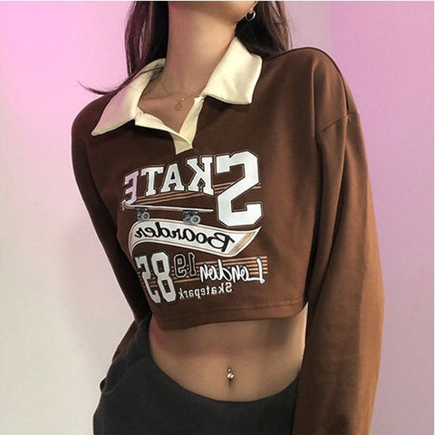 Sonicelife  Y2K Vintage Letter Print Cropped Brown Hoddie Women Punk Streetwear  Harajuku Hip Hop Sweatshirt Female  Tops