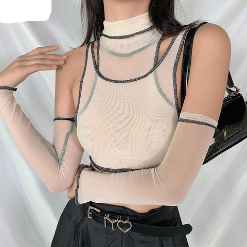 Sonicelife Women Fashion  Mesh Two Piece Crop Tops With Sleeve Turtleneck Streetwear Party Clubwear Female See Though Slim Vest