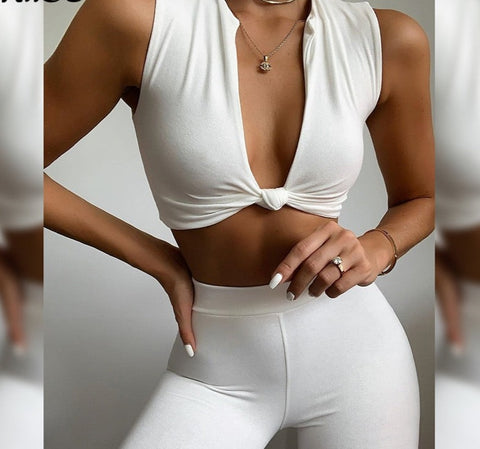Stacked Two Piece Set Women V Neck Tracksuits Fitness Matching Sets Crop Tops Leggings Jogging Sportswear Workout Outfits