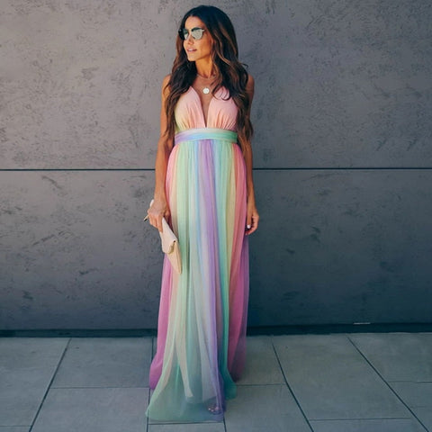 Sonicelife 2024 New Sexy Long Dress Women Summer Clothes High Waist Sling Deep V-neck Rainbow Mesh Party Beach Dresses Women Streetwear Vestidos