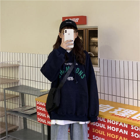Sonicelife Hoodies Women 2024 New Loose Korean Student Blouse Harajuku Style Printing Plus Cashmere Hooded Woman Clothes Ladies Pullovers