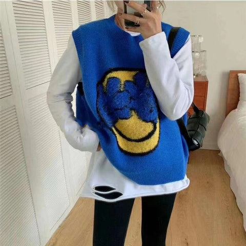 Smiling Print Spring  Korean Style Clothes Loose and Versatile Round Neck Bright Color Sleeveless Vest Women New 2021
