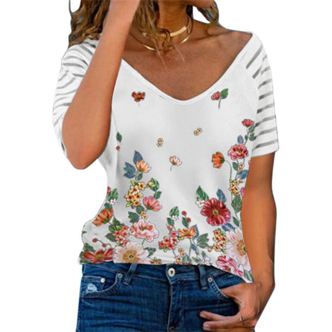 Sonicelife Women V-neck Stripe Short Sleeve Tops Floral Print Ladies Elegant T Shirt Pullover Female Summer Slim Blouse Streetwear D30