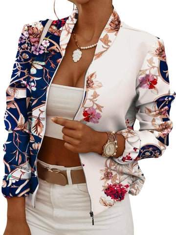 Fashion Women Full Zipper Long Sleeve Blazers Spring Autumn Casual Print Jacket Office Lady Slim Party Tops Elegant Ladies Coat