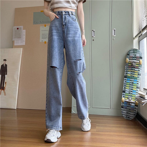 Woman Jeans Ripped High Waist Clothes Wide Leg Denim Clothing Streetwear Vintage Quality 2021 Fashion Harajuku Straight Pants