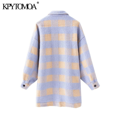 Sonicelife KPYTOMOA Women 2024 Fashion Overshirts Oversized Checked Woolen Jacket Coat Vintage Pocket Asymmetric Female Outerwear Chic Tops