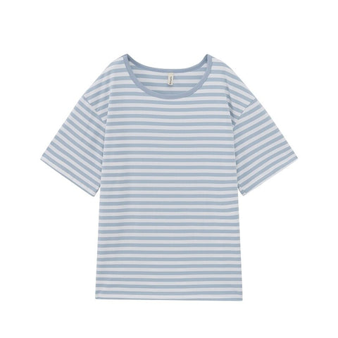 Sonicelife Toppies Casual Oversized  Striped T-shirts Round Neck Vintage Basic Tops Tees Woman Short Sleeve T-shirts Summer 2024