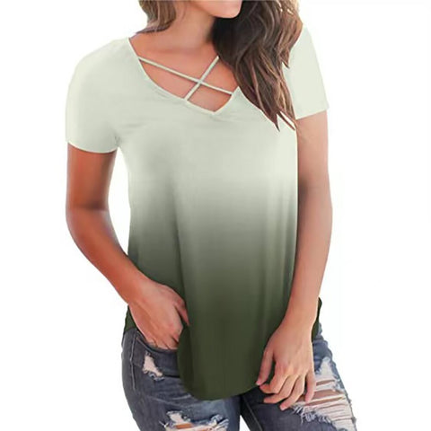 Sonicelife Gradient Printed Tops Women Summer Short Sleeve Casual Loose T-Shirts Cross Bandage V-NeckTops Fashion Ladies Streetwear D30