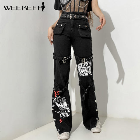 Weekeep Harajuku Women Jeans Streetwear High Waist Hip Hop Fashion Trouser Gothic Print Buckle Loose Straight Casual Denim Pants