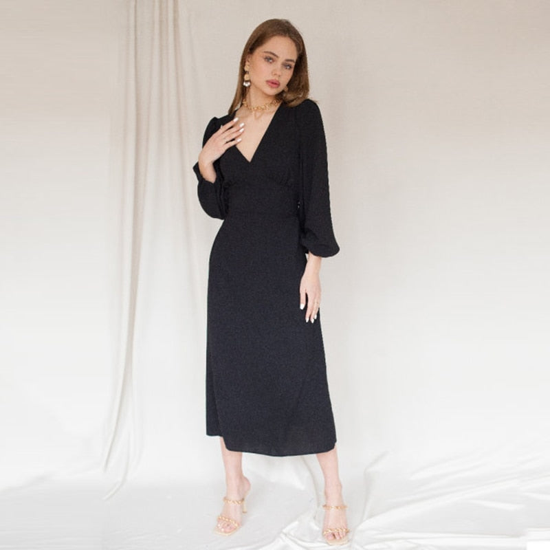 Sonicelife Churses Casual V-Neck Puff Sleeve Long Dress Autumn High Waist Elegant Vintage Party Dresses For Women 2024 New Arrival