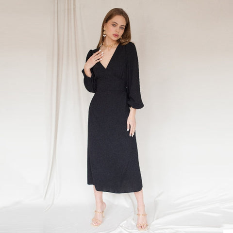 Sonicelife Churses Casual V-Neck Puff Sleeve Long Dress Autumn High Waist Elegant Vintage Party Dresses For Women 2024 New Arrival
