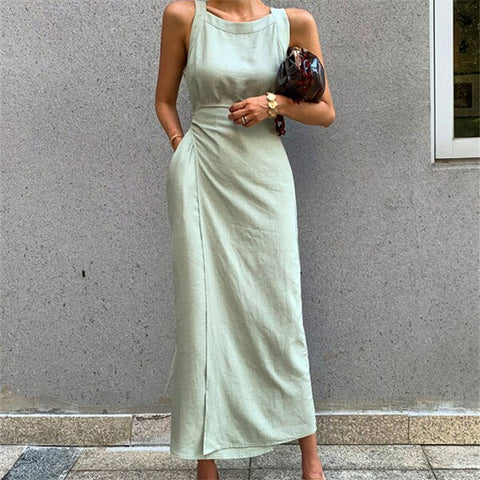Sonicelife Spaghetti Strap Dresses for Women Elegant Solid Color Sleeveless Lace-up O-neck Mid-long Dress Office Lady 2024 New Stylish