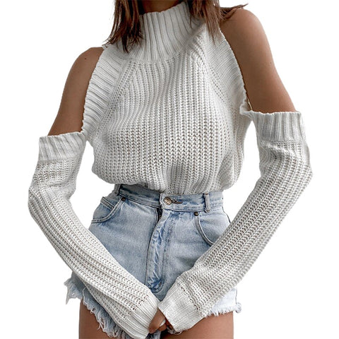 2023 Woman Autumn Fashion  Cold Shoulder High Neck Long Sleeve White Trending Vintage Sweater Festival Cute Lady Casual Tops