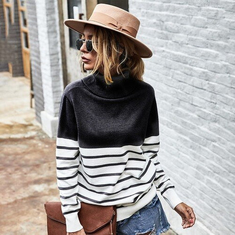 Women's Turtleneck Fashion 2023 Autumn Winter Soft Stripe Knitted Sweaters Female Loose Thick Warm Jumpers Ladies Pullovers