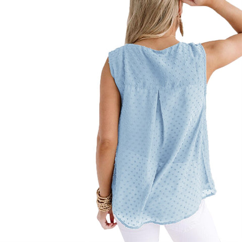 Sonicelife Women V Neck Ruffle Tops Blue Jacquard Fashion Polka Dot Vest Female Sleeveless Chic Shirts  Solid Mesh Blouses D30