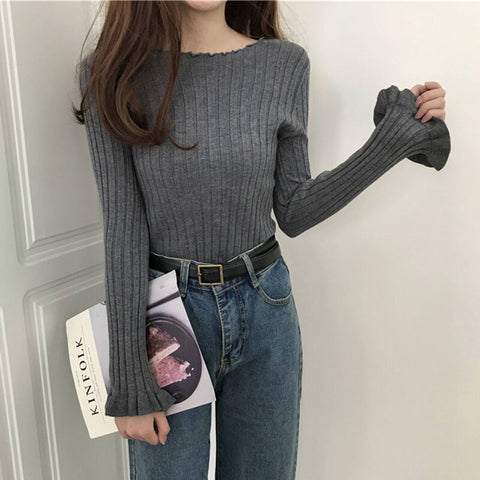 Sonicelife Christmas Gift AOSSVIAO Ruffles Pullovers Solid Flare Sleeve 2024 Autumn Winter All Match Women Sweaters Slim New Pull Femme Fashion Soft Tops