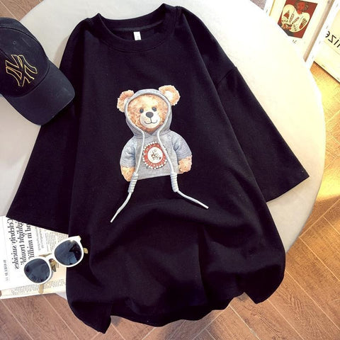 Sonicelife Harajuku Womens T-Shirts Oversized Couple Tee Cute Diamonds Rope Bear Tshirt Summer Loose Casual Kawaii Crew Neck Tops Plus Size