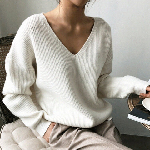 Women Sweater Autumn 2023 Women's Clothing Long Sleeve Top Loose Knitted Pullovers V Neck Solid Color Oversized Sweater Knitwear