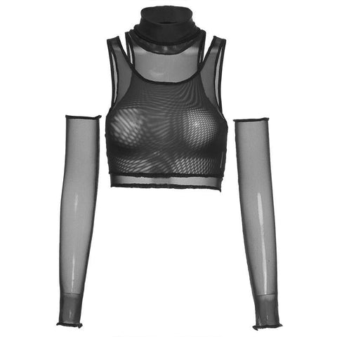 Sonicelife Women Fashion  Mesh Two Piece Crop Tops With Sleeve Turtleneck Streetwear Party Clubwear Female See Though Slim Vest