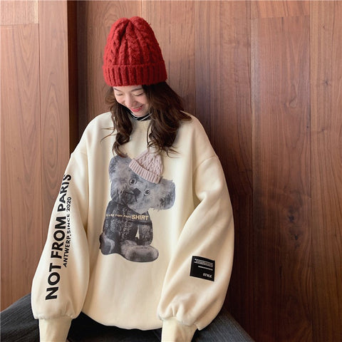 Bear Print Cute Oversized Sweatshirt Korean Loose Plus Velvet Long Sleeve Women Sweetshirts Pullover Womens Clothing Streetwear