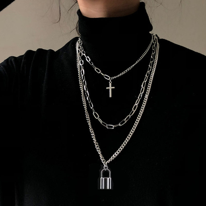 Sonicelife New Personality Cross Square Metal Multilayer Hip hop Long Chain Cool Simple Necklace For Women men Jewelry Gifts 19