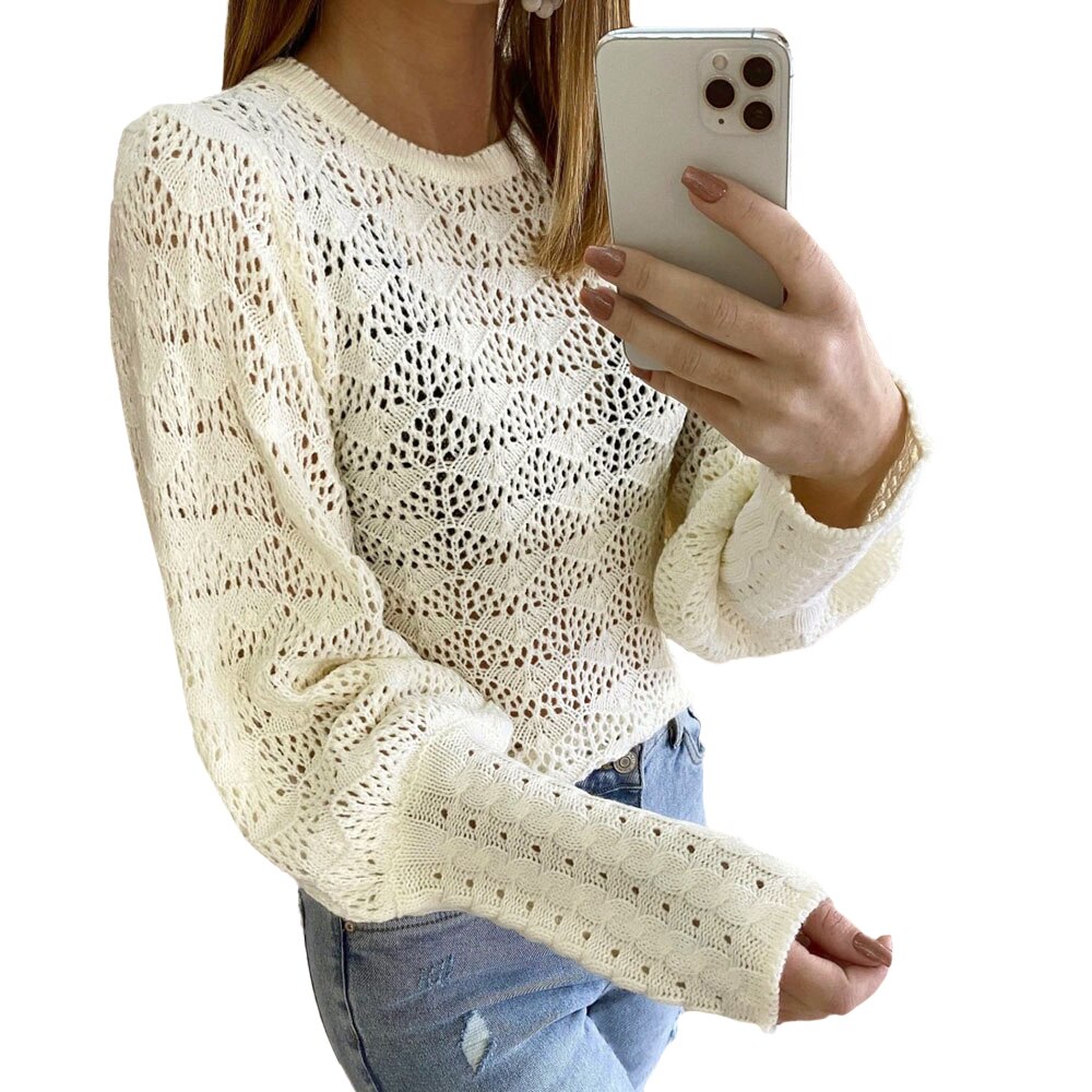 Sonicelife Autumn Winter Women Knitted Sweater Round Neck Jacquard Loose Hollow Out Pullovers Warm Elegant Solid Lantern Sleeve Female Tops