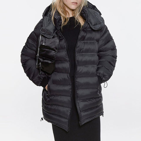 2023 Winter Women Oversize Vintage Black Hooded Parkas Coat Casual Pockets Cotton Jacket Outwear Loose Long Overcoats Female