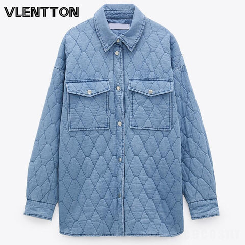 2023 New Autumn Winter Women Coat  Oversize Vintage Blue Parka Coat Casual Pockets Warm Loose Cotton Denim Outwear